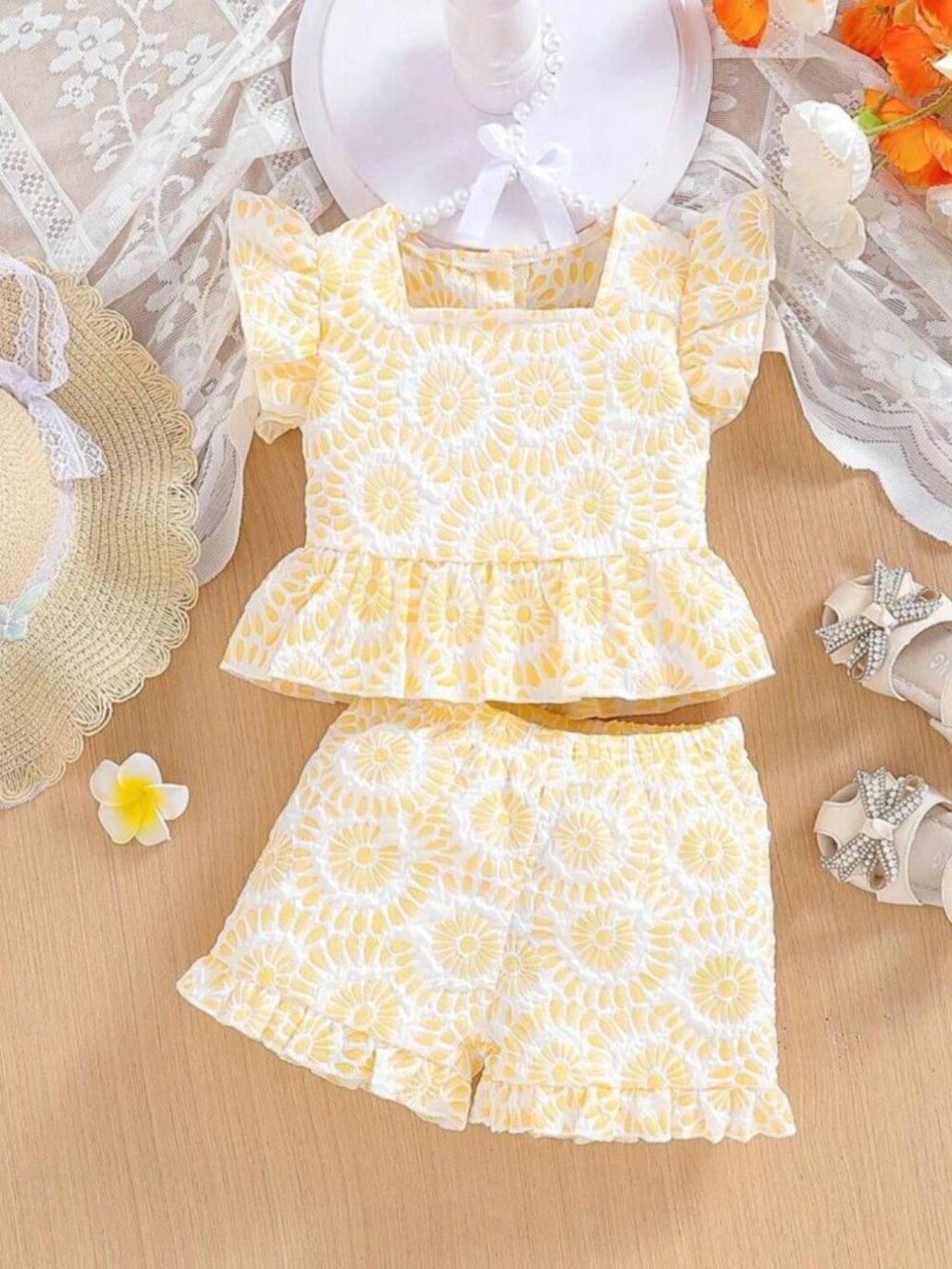 Baby Girl Flower Pattern Square Neck Flutter Sleeve Top And Pants Set 6-9 Months